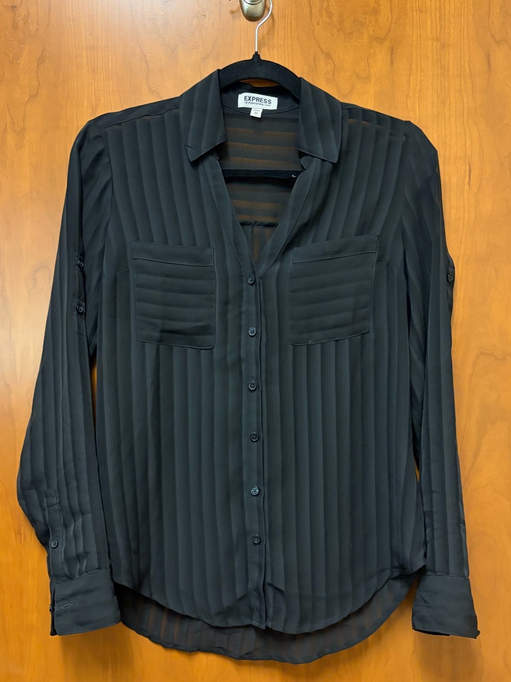 Express Black Sheer Vertical-Stripe Button-Down Blouse